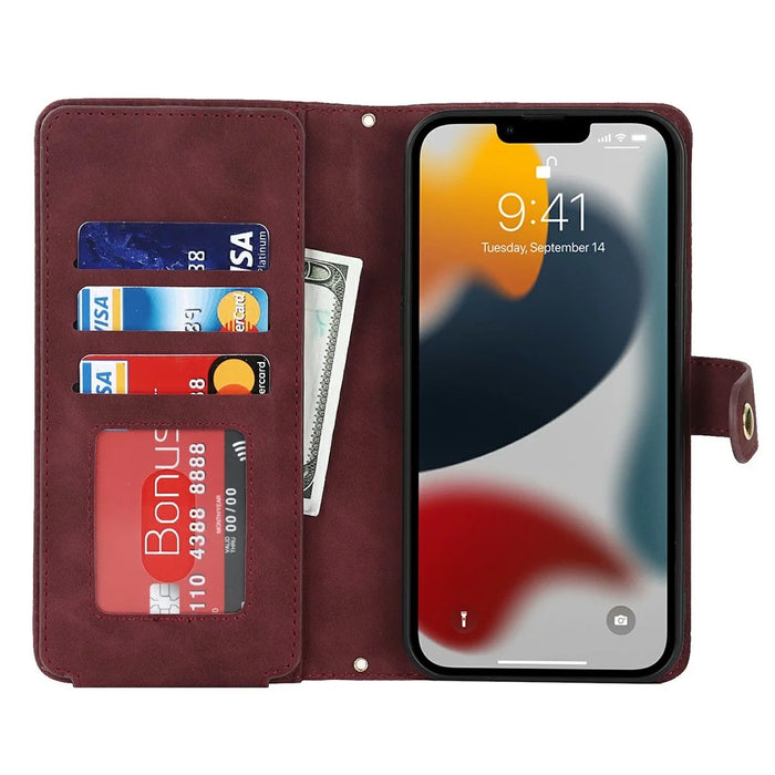 For iPhone 13 Pro Stand Case PU Leather Phone Cover with Straps  /  Zipper Wallet  /  Multiple Card Slots - Wine Red - 2