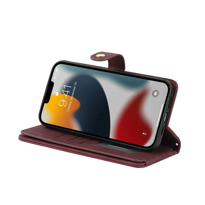 For iPhone 13 Pro Stand Case PU Leather Phone Cover with Straps  /  Zipper Wallet  /  Multiple Card Slots - Wine Red - 4