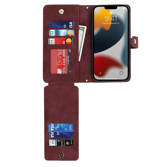 For iPhone 13 Pro Stand Case PU Leather Phone Cover with Straps  /  Zipper Wallet  /  Multiple Card Slots - Wine Red - 5