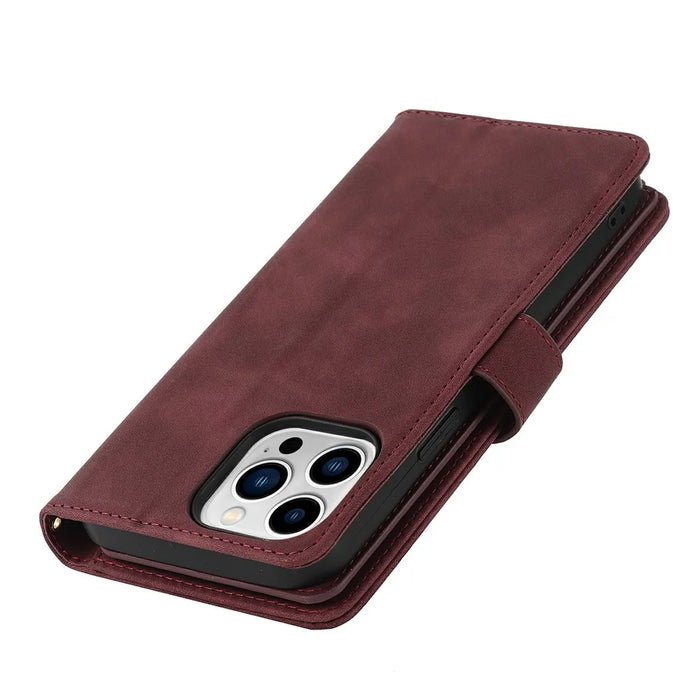 For iPhone 13 Pro Stand Case PU Leather Phone Cover with Straps  /  Zipper Wallet  /  Multiple Card Slots - Wine Red - 6