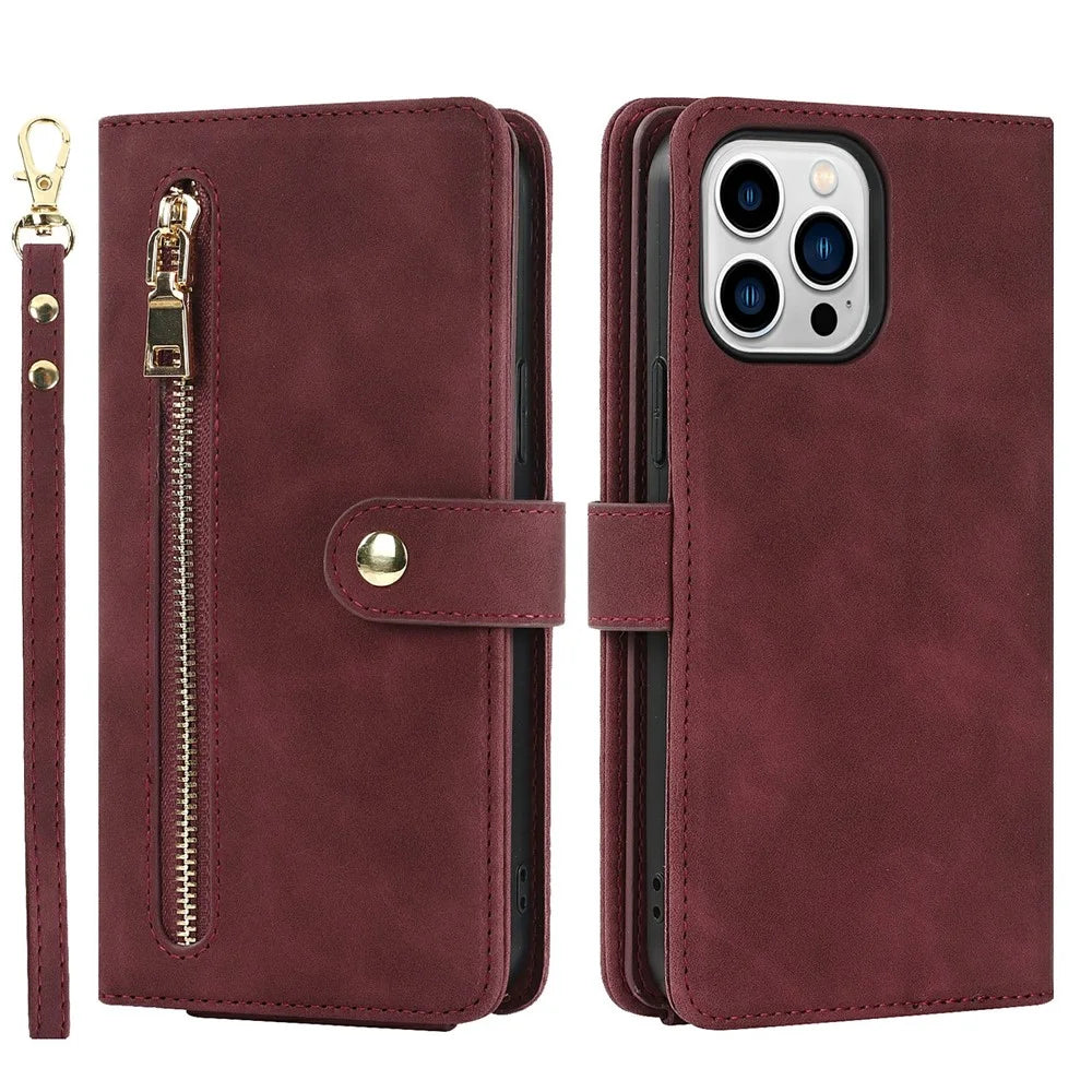 For iPhone 14 Pro Stand Case PU Leather Phone Cover with Straps  /  Zipper Wallet  /  Multiple Card Slots - Wine Red - 2