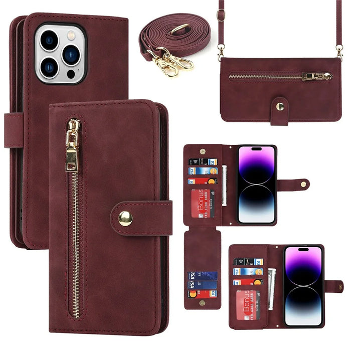 For iPhone 14 Pro Max Stand Case PU Leather Phone Cover with Straps  /  Zipper Wallet  /  Multiple Card Slots - Wine Red - 1