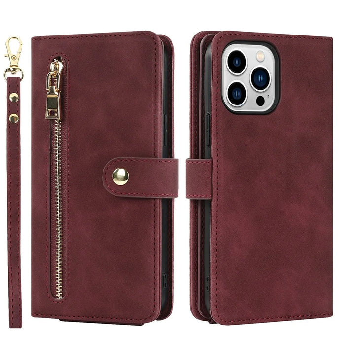 For iPhone 14 Pro Max Stand Case PU Leather Phone Cover with Straps  /  Zipper Wallet  /  Multiple Card Slots - Wine Red - 2