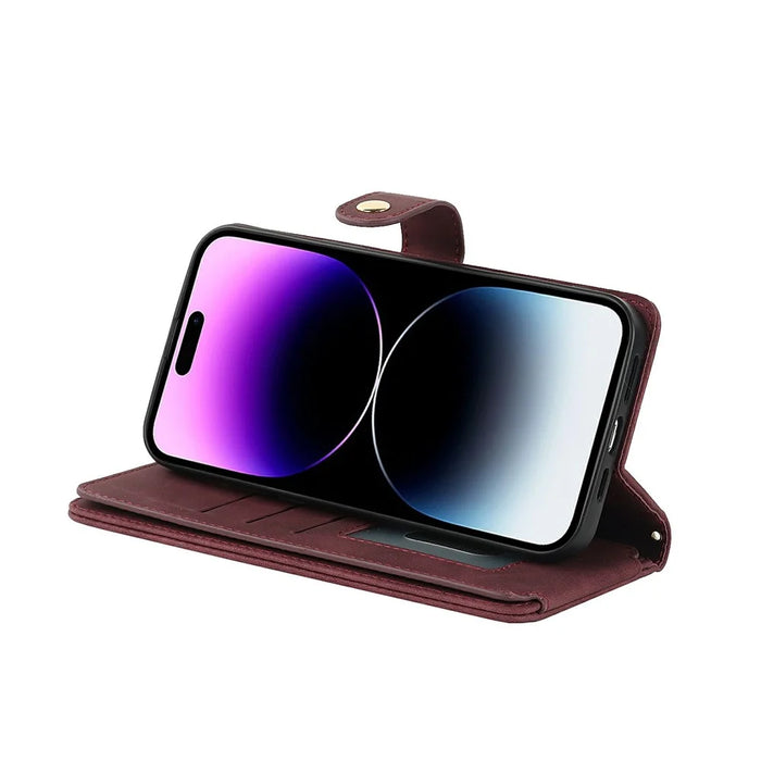 For iPhone 14 Pro Max Stand Case PU Leather Phone Cover with Straps  /  Zipper Wallet  /  Multiple Card Slots - Wine Red - 4