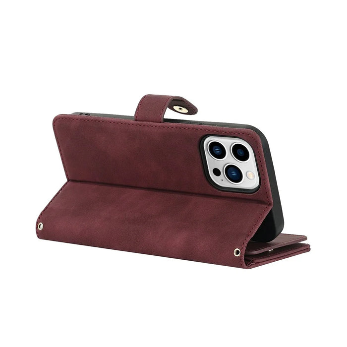 For iPhone 14 Pro Max Stand Case PU Leather Phone Cover with Straps  /  Zipper Wallet  /  Multiple Card Slots - Wine Red - 5