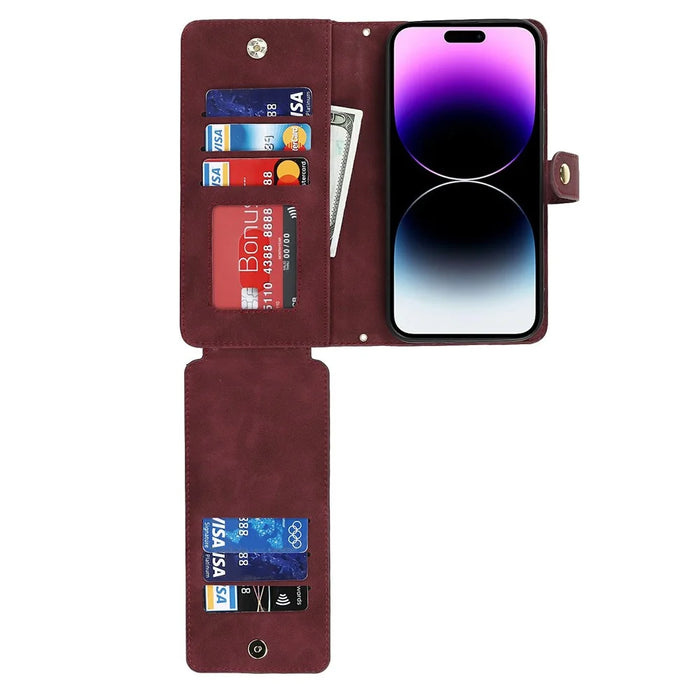 For iPhone 14 Pro Max Stand Case PU Leather Phone Cover with Straps  /  Zipper Wallet  /  Multiple Card Slots - Wine Red - 6