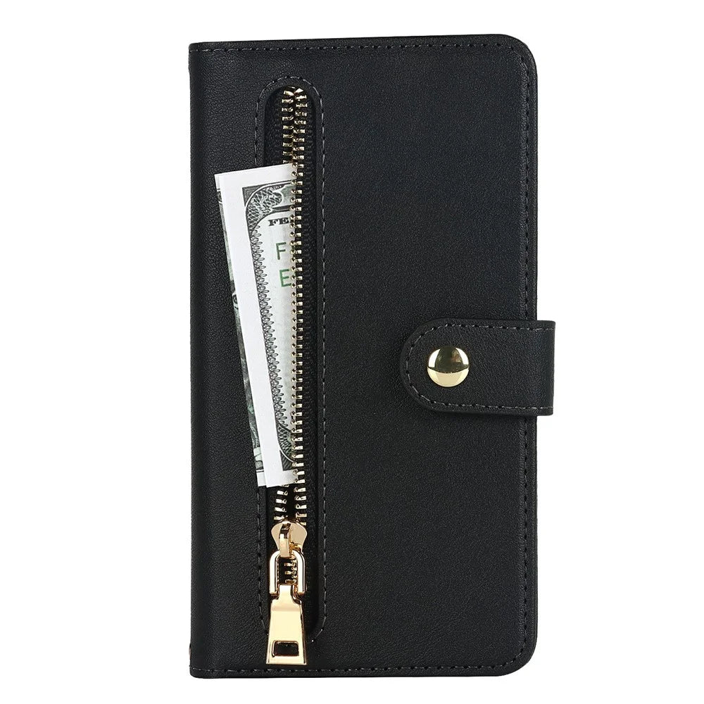 For iPhone 14 Plus Stand Case PU Leather Phone Cover with Straps  /  Zipper Wallet  /  Multiple Card Slots - Black - 7
