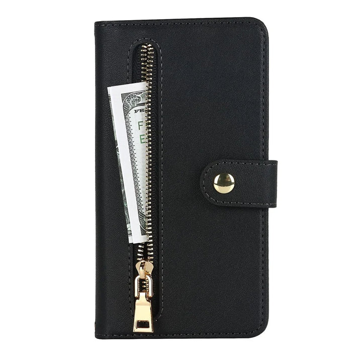 For iPhone 15 Stand Case PU Leather Phone Cover with Straps  /  Zipper Wallet  /  Multiple Card Slots - Black - 7