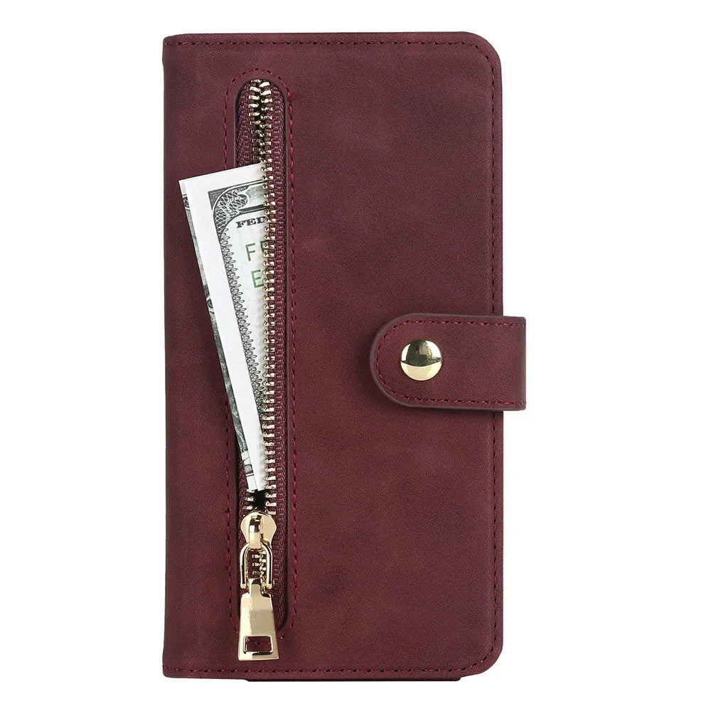 For iPhone 15 Pro Stand Case PU Leather Phone Cover with Straps  /  Zipper Wallet  /  Multiple Card Slots - Wine Red - 7