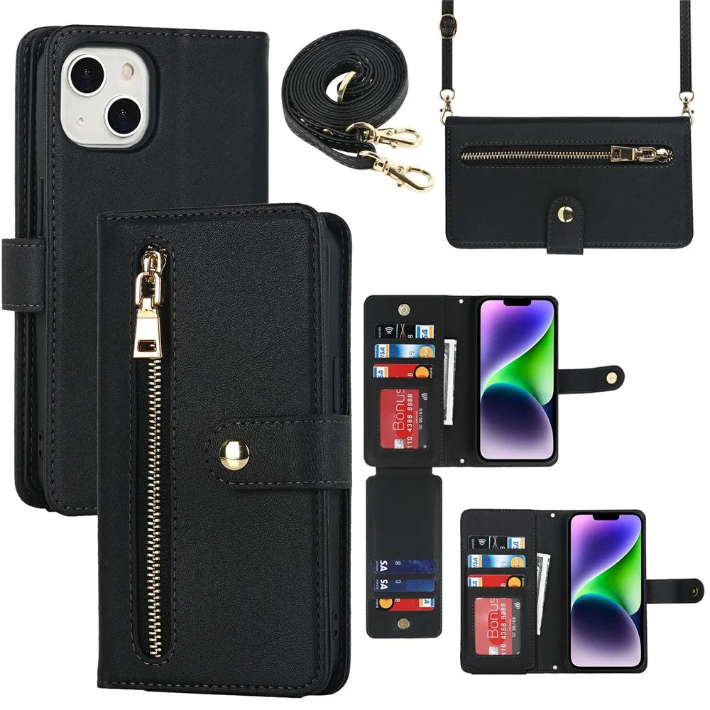 For iPhone 15 Plus Stand Case PU Leather Phone Cover with Straps  /  Zipper Wallet  /  Multiple Card Slots - Black - 1