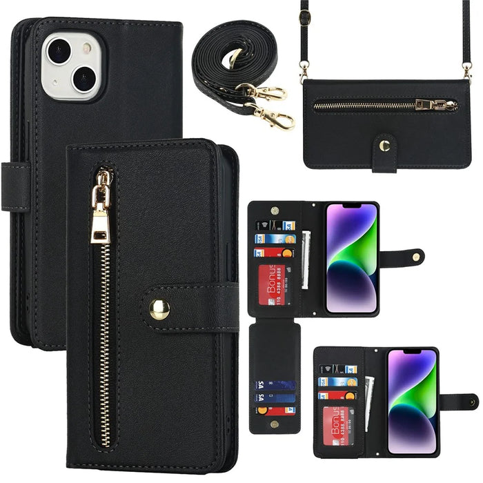 For iPhone 15 Plus Stand Case PU Leather Phone Cover with Straps  /  Zipper Wallet  /  Multiple Card Slots - Black - 1