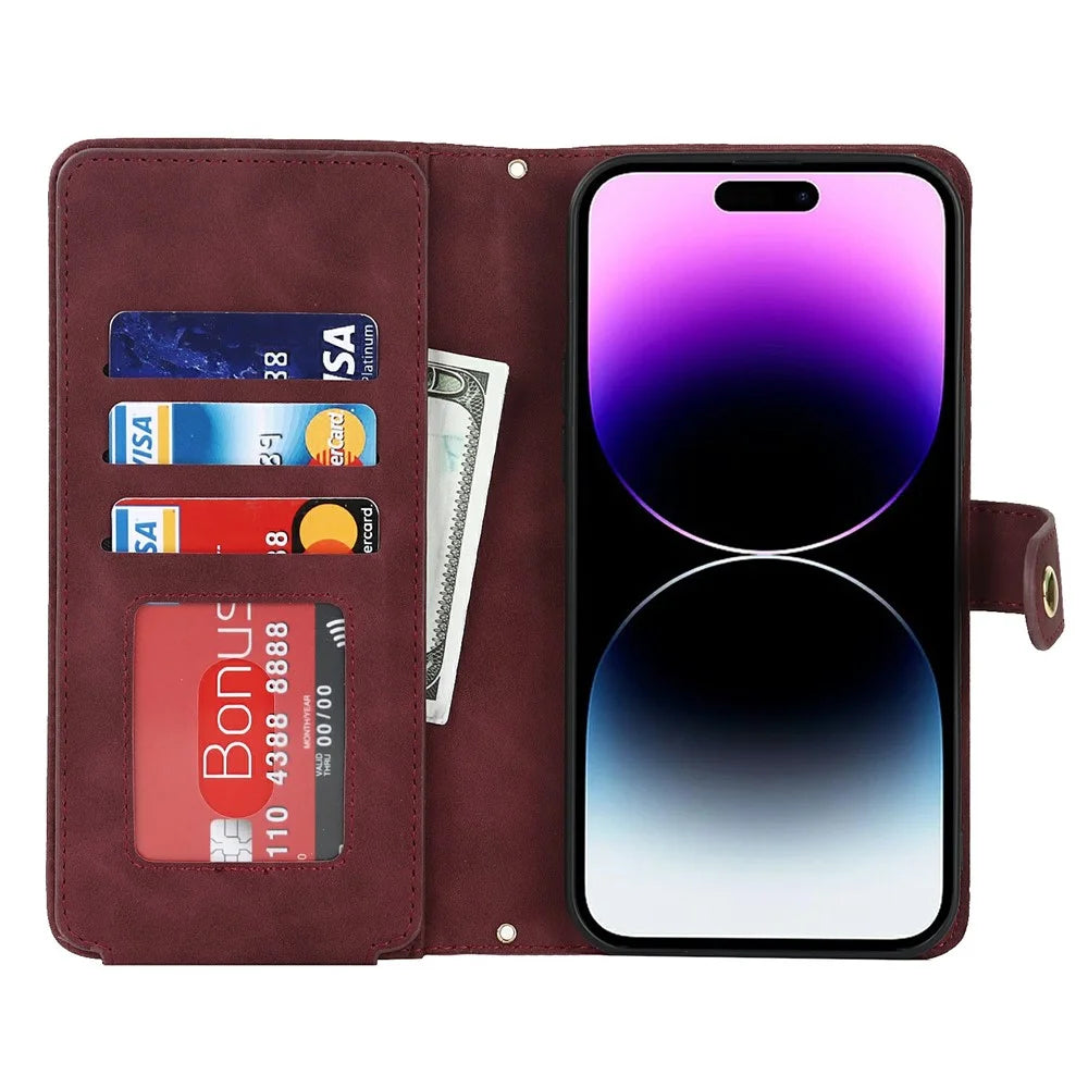 For iPhone 15 Pro Max Stand Case PU Leather Phone Cover with Straps  /  Zipper Wallet  /  Multiple Card Slots - Wine Red - 3