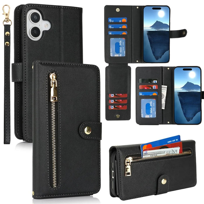 For iPhone 16 Stand Case PU Leather Phone Cover with Straps  /  Zipper Wallet  /  Multiple Card Slots - Black - 1
