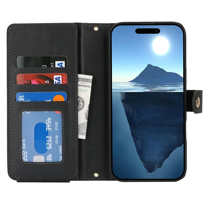 For iPhone 16 Stand Case PU Leather Phone Cover with Straps  /  Zipper Wallet  /  Multiple Card Slots - Black - 2