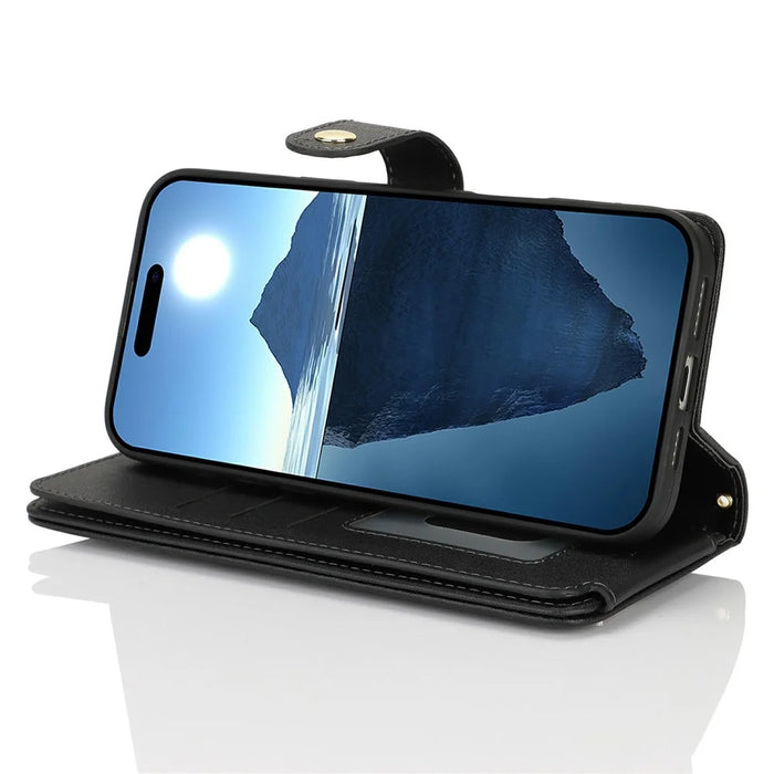 For iPhone 16 Stand Case PU Leather Phone Cover with Straps  /  Zipper Wallet  /  Multiple Card Slots - Black - 3