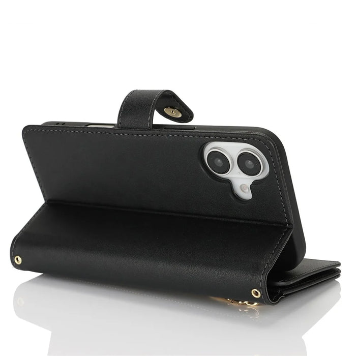 For iPhone 16 Stand Case PU Leather Phone Cover with Straps  /  Zipper Wallet  /  Multiple Card Slots - Black - 4