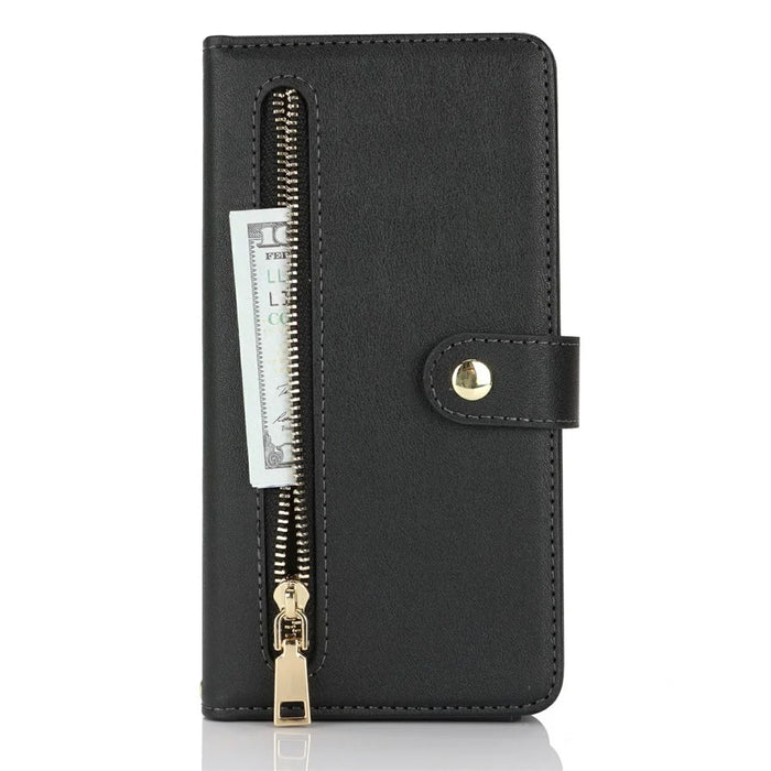 For iPhone 16 Stand Case PU Leather Phone Cover with Straps  /  Zipper Wallet  /  Multiple Card Slots - Black - 6