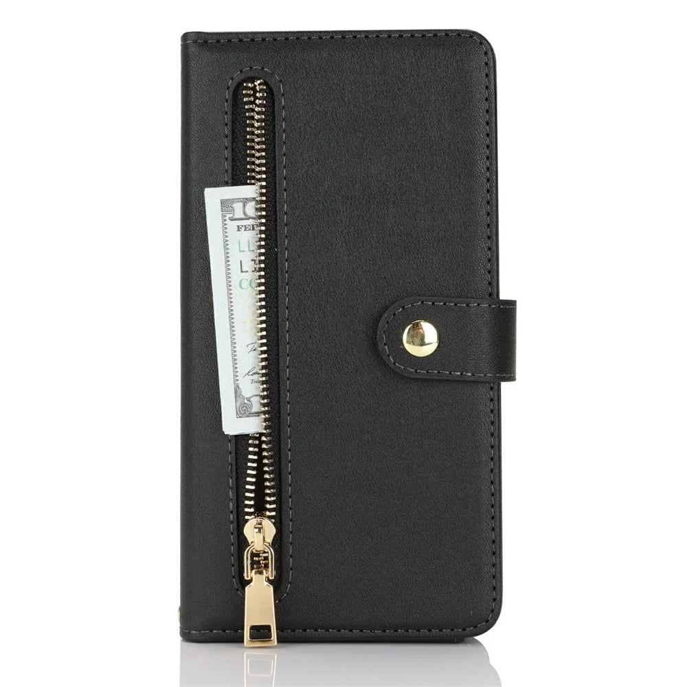 For iPhone 16 Pro Stand Case PU Leather Phone Cover with Straps  /  Zipper Wallet  /  Multiple Card Slots - Black - 6