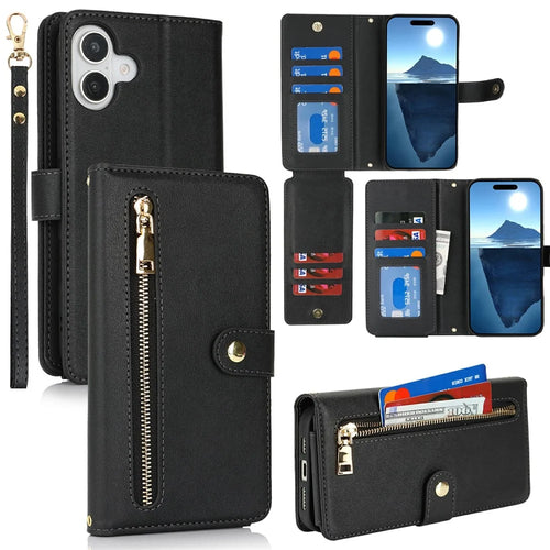 For iPhone 16 Plus Stand Case PU Leather Phone Cover with Straps  /  Zipper Wallet  /  Multiple Card Slots - Black - 1