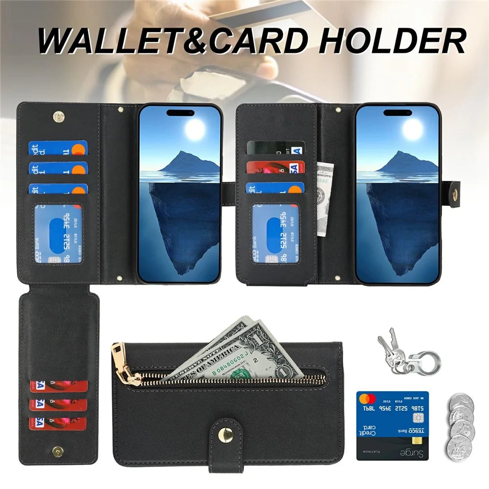 For iPhone 16 Plus Stand Case PU Leather Phone Cover with Straps  /  Zipper Wallet  /  Multiple Card Slots - Black - 7