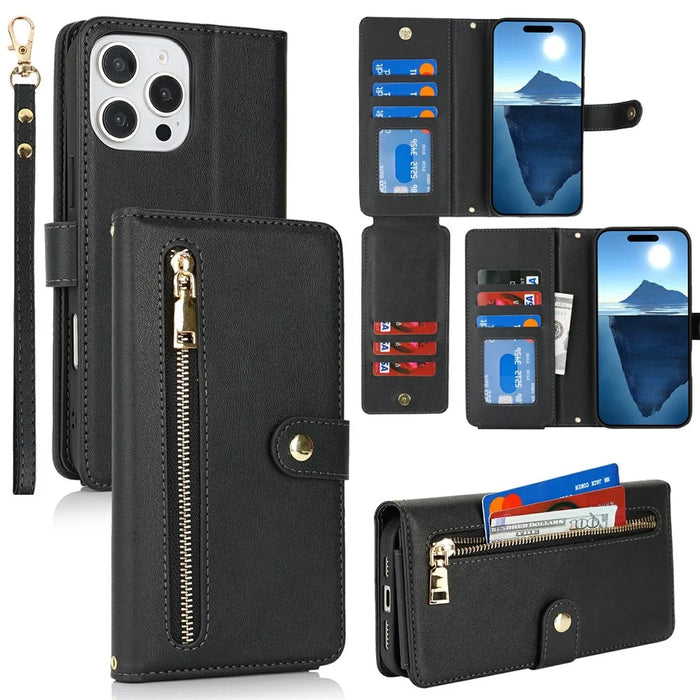 For iPhone 16 Pro Max Stand Case PU Leather Phone Cover with Straps  /  Zipper Wallet  /  Multiple Card Slots - Black - 1
