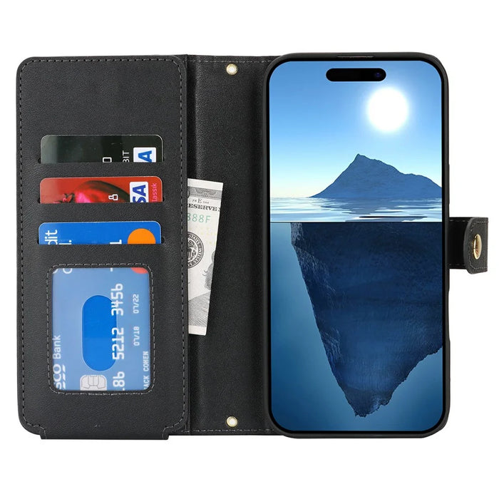 For iPhone 16 Pro Max Stand Case PU Leather Phone Cover with Straps  /  Zipper Wallet  /  Multiple Card Slots - Black - 2