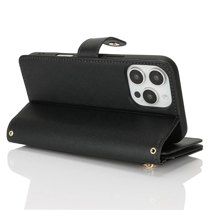 For iPhone 16 Pro Max Stand Case PU Leather Phone Cover with Straps  /  Zipper Wallet  /  Multiple Card Slots - Black - 3