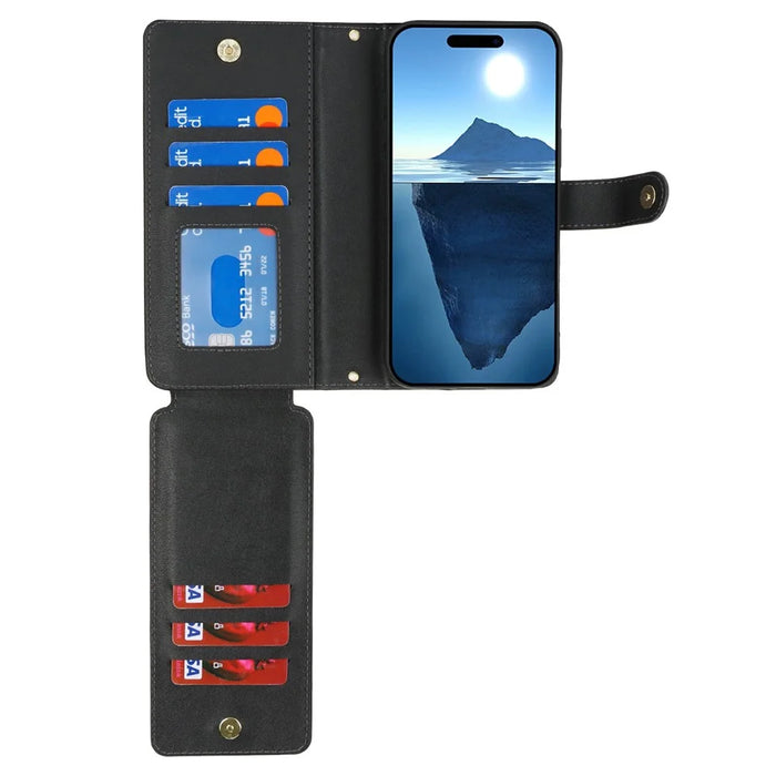 For iPhone 16 Pro Max Stand Case PU Leather Phone Cover with Straps  /  Zipper Wallet  /  Multiple Card Slots - Black - 5