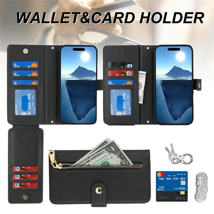 For iPhone 16 Pro Max Stand Case PU Leather Phone Cover with Straps  /  Zipper Wallet  /  Multiple Card Slots - Black - 7