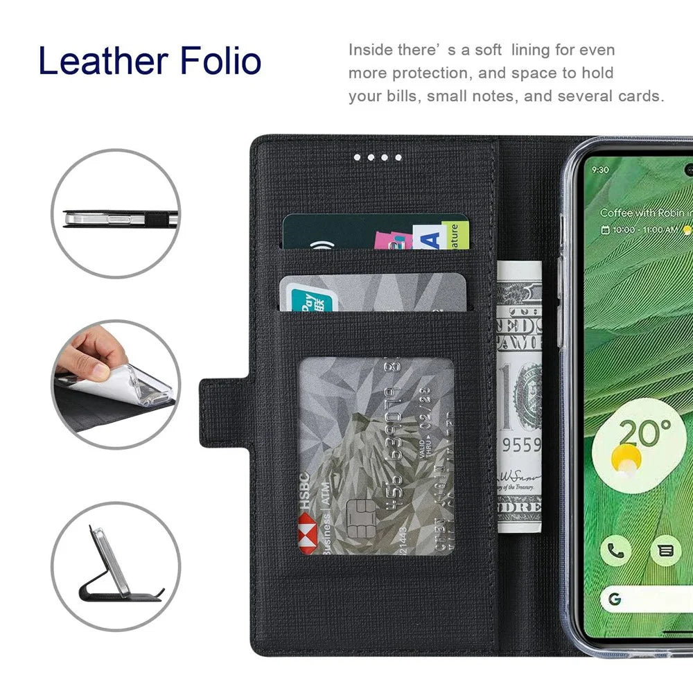 VILI K Series Stand Wallet Phone Cover for Google Pixel 7 5G, Double Magnetic Clasp PU Leather Shockproof Case - Black - 3