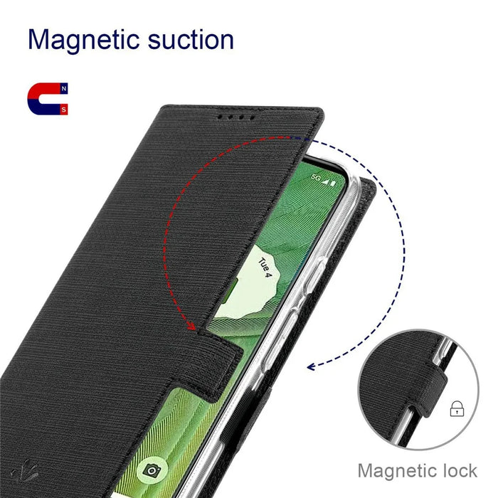 VILI K Series Stand Wallet Phone Cover for Google Pixel 7 5G, Double Magnetic Clasp PU Leather Shockproof Case - Black - 4