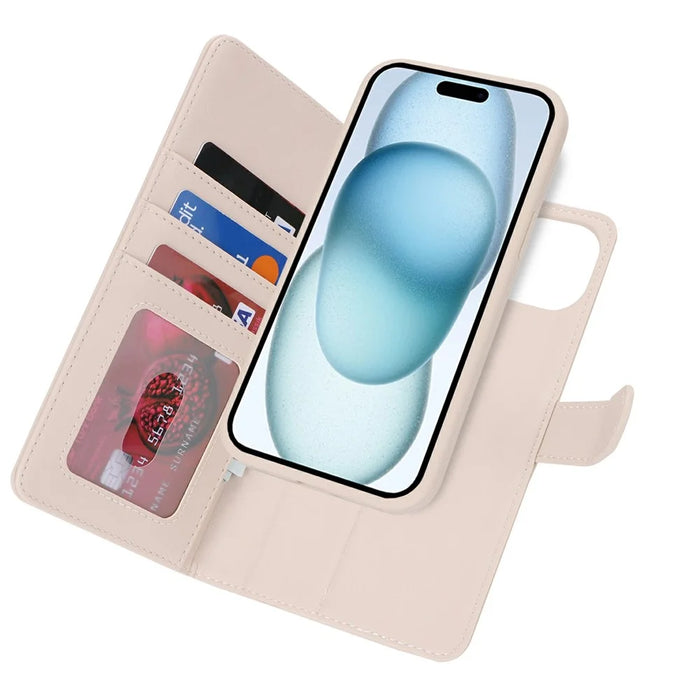 For iPhone 15 Wallet Case Compatible with MagSafe Anti-Drop Detachable PU Leather Phone Cover - Beige - 7