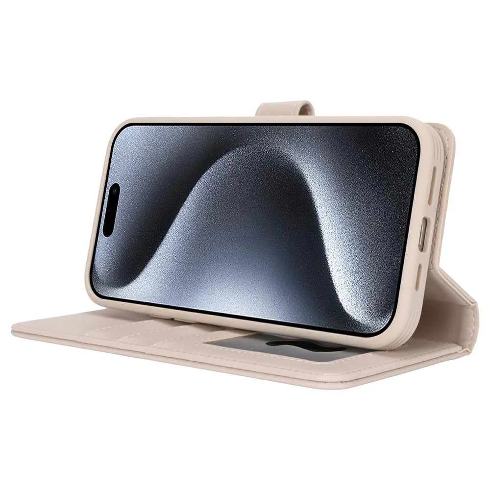 For iPhone 15 Pro Wallet Case Compatible with MagSafe Anti-Drop Detachable PU Leather Phone Cover - Beige - 3