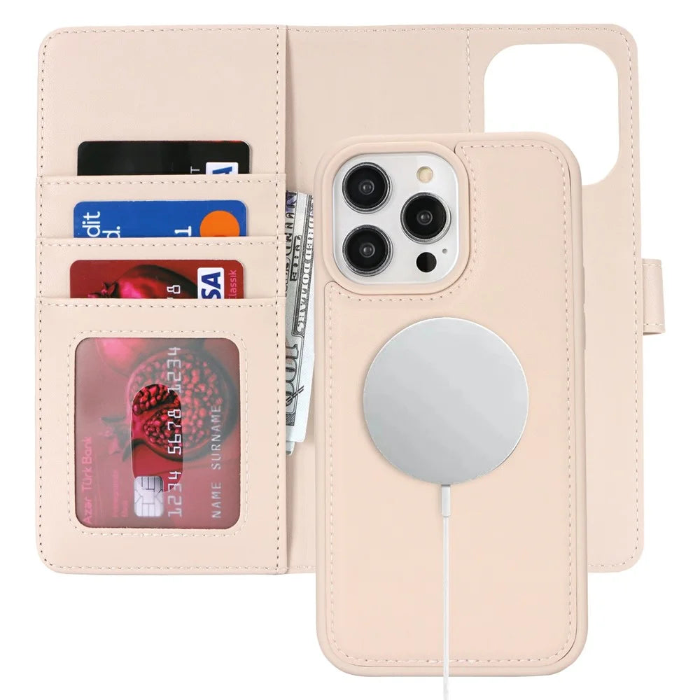 For iPhone 15 Pro Wallet Case Compatible with MagSafe Anti-Drop Detachable PU Leather Phone Cover - Beige - 6