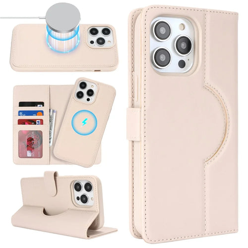 For iPhone 15 Pro Max Wallet Case Compatible with MagSafe Anti-Drop Detachable PU Leather Phone Cover - Beige - 1