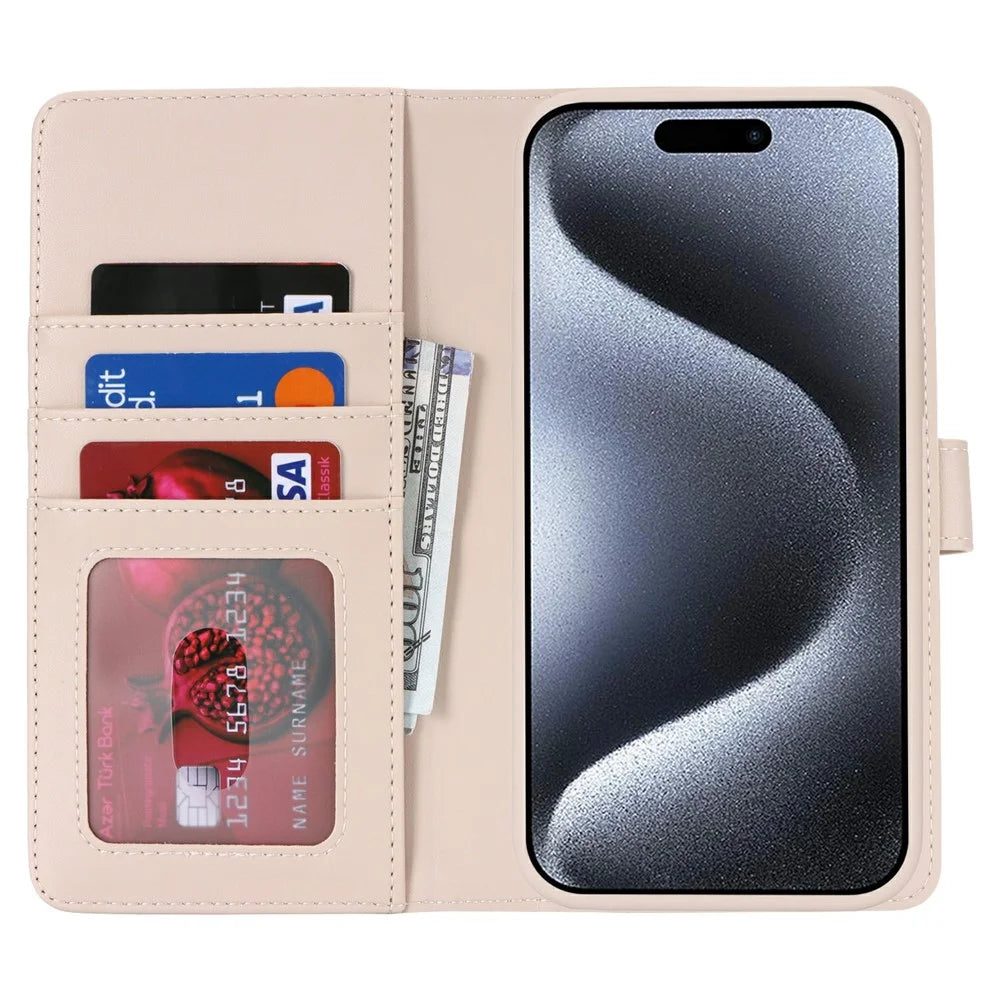For iPhone 15 Pro Max Wallet Case Compatible with MagSafe Anti-Drop Detachable PU Leather Phone Cover - Beige - 2