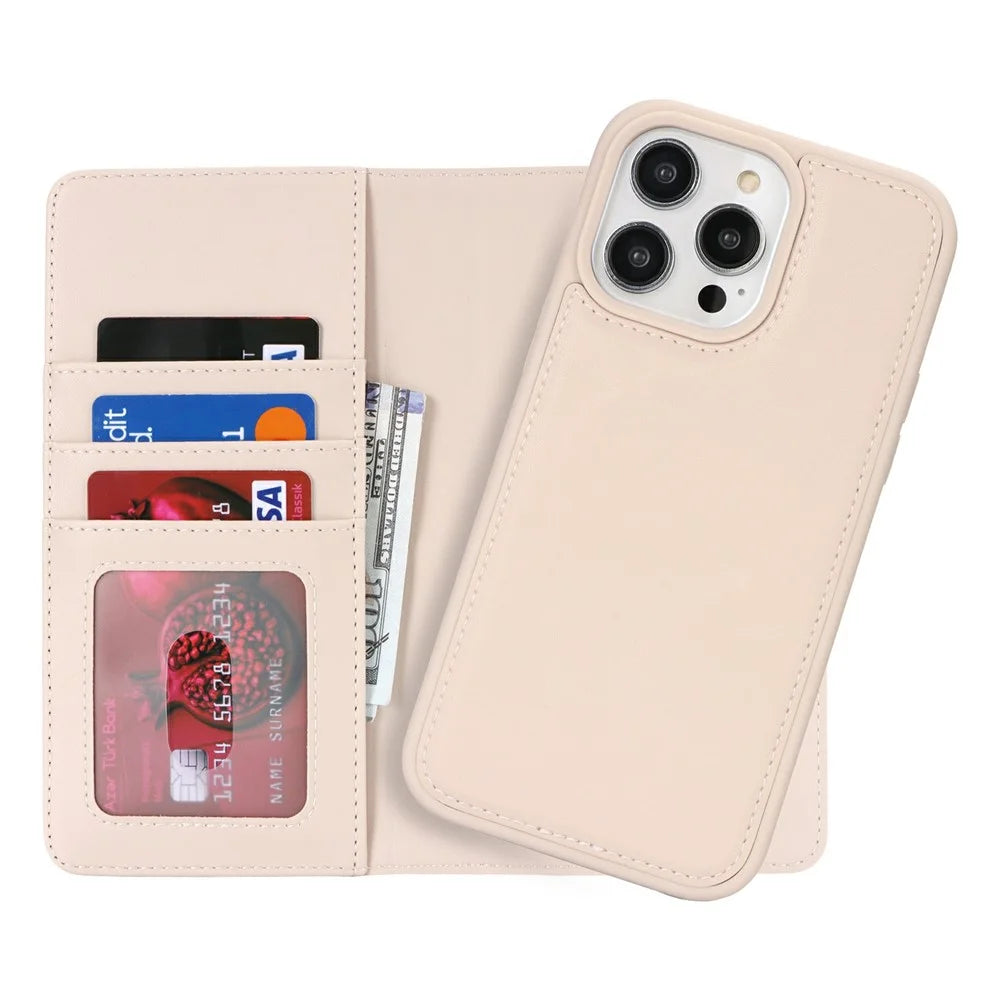 For iPhone 15 Pro Max Wallet Case Compatible with MagSafe Anti-Drop Detachable PU Leather Phone Cover - Beige - 7