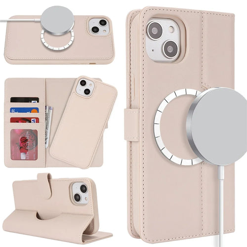 For iPhone 15 Plus / 14 Plus Wallet Case Compatible with MagSafe Anti-Drop Detachable PU Leather Phone Cover - Beige - 1