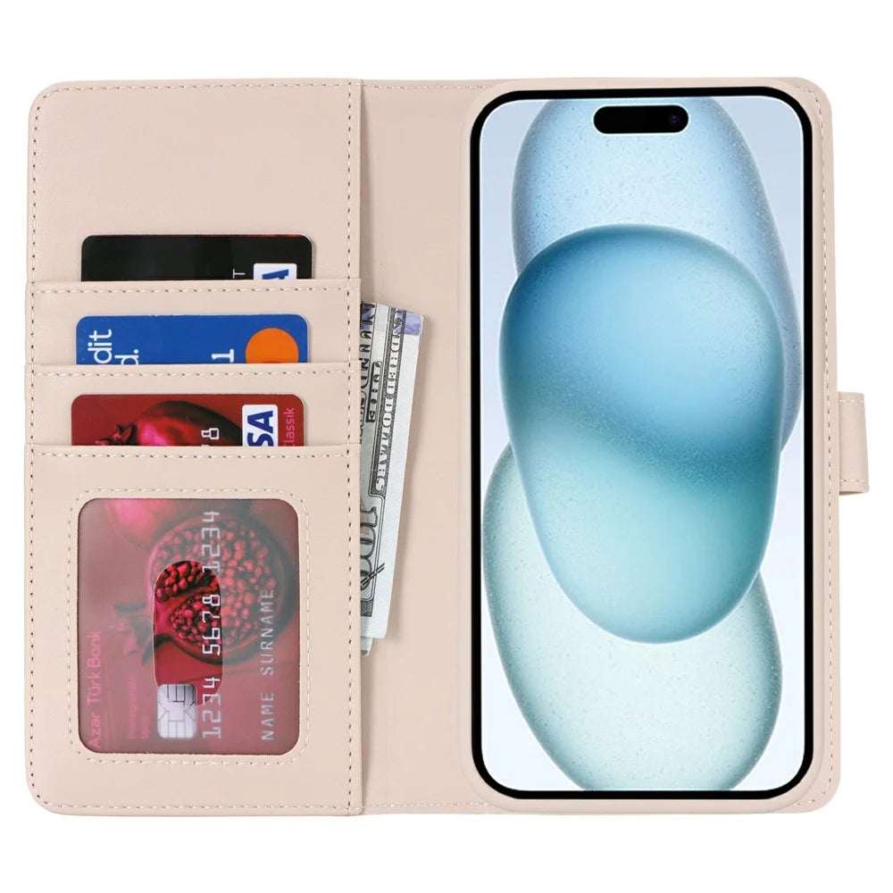 For iPhone 15 Plus / 14 Plus Wallet Case Compatible with MagSafe Anti-Drop Detachable PU Leather Phone Cover - Beige - 2