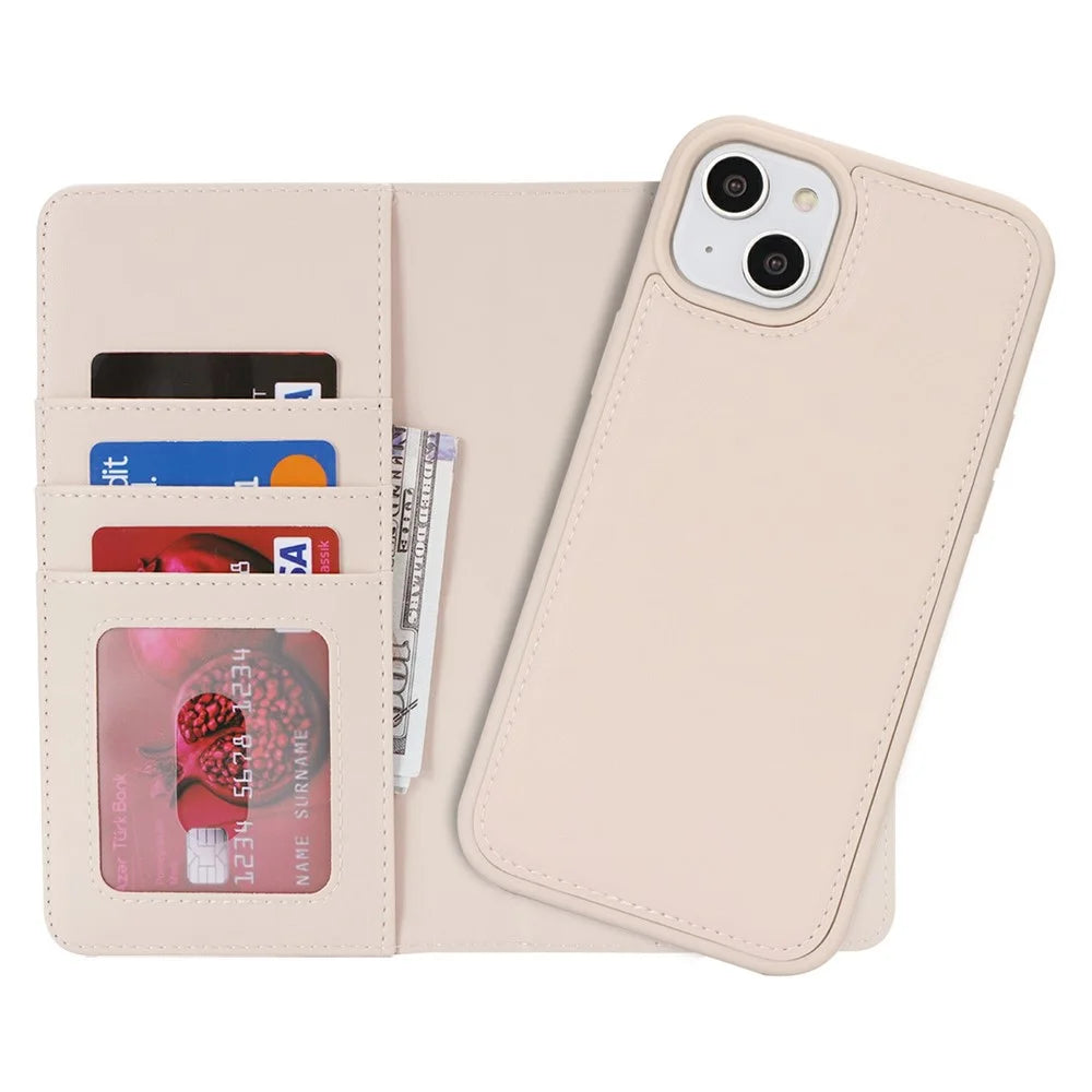 For iPhone 15 Plus / 14 Plus Wallet Case Compatible with MagSafe Anti-Drop Detachable PU Leather Phone Cover - Beige - 6