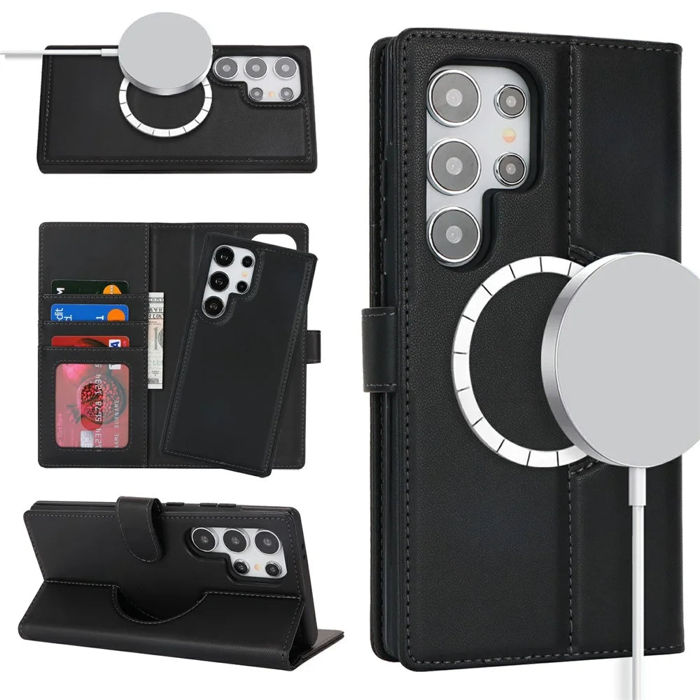 For Samsung Galaxy S24 Ultra Wallet Magnetic Case Anti-Drop Detachable PU Leather Phone Cover - Black - 1