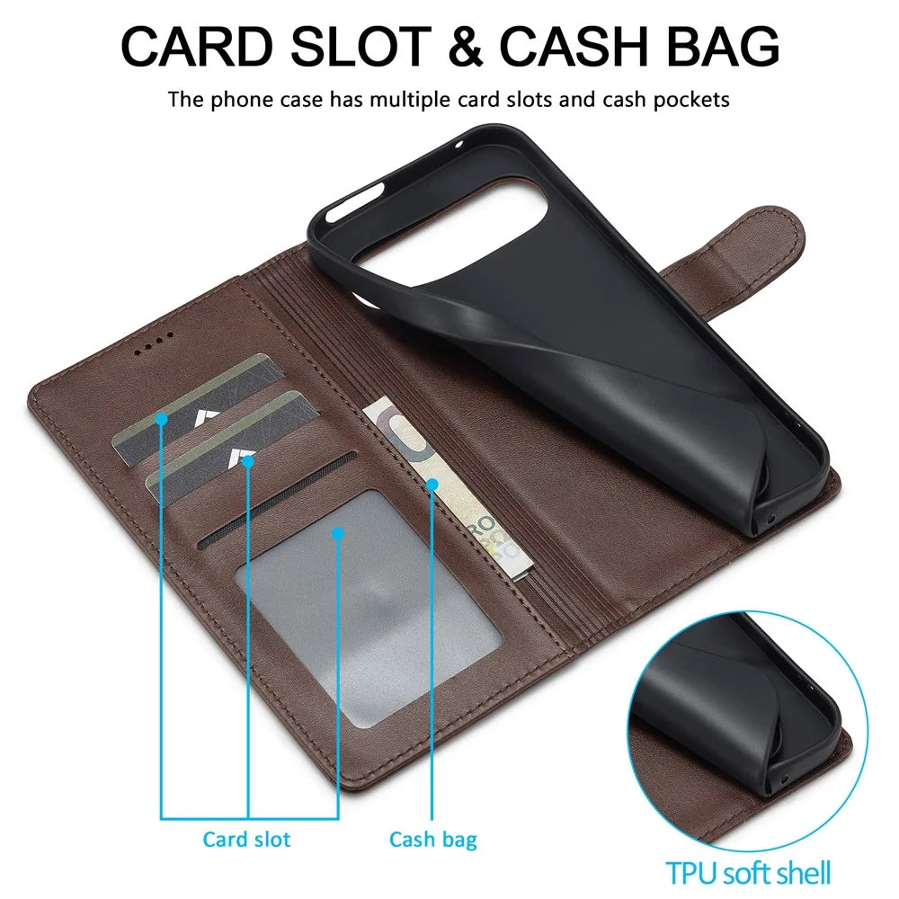LC.IMEEKE For Google Pixel 10 Pro XL Case Calf Texture PU Leather Stand Wallet Phone Cover - Brown - 5