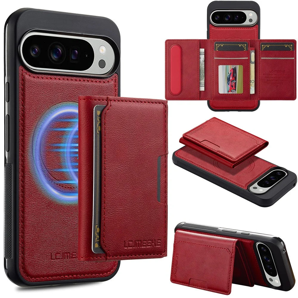 LC.IMEEKE L5 For Google Pixel 10 Pro XL Magnetic Phone Case Leather Back Cover with Detachable Card Holder - Red - 1