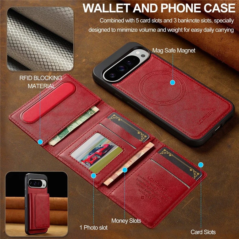 LC.IMEEKE L5 For Google Pixel 10 Pro XL Magnetic Phone Case Leather Back Cover with Detachable Card Holder - Red - 4