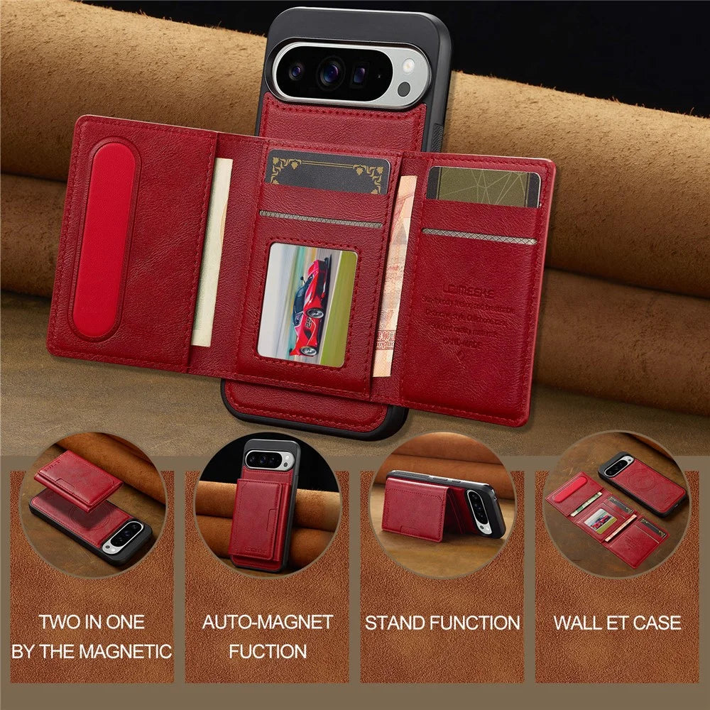 LC.IMEEKE L5 For Google Pixel 10 Pro XL Magnetic Phone Case Leather Back Cover with Detachable Card Holder - Red - 7