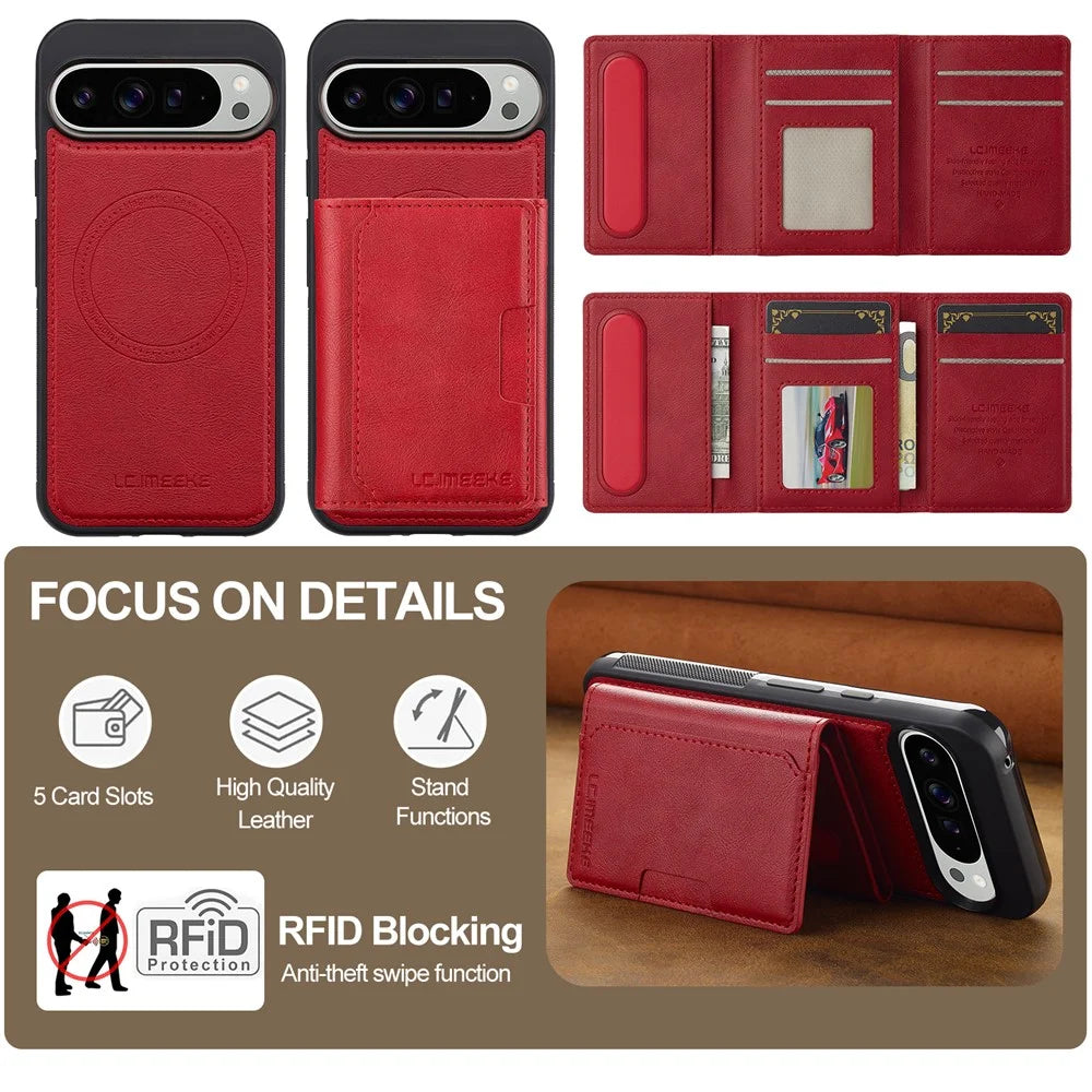 LC.IMEEKE L5 For Google Pixel 10 Pro / 10 / 9 Pro / 9 Magnetic Phone Case Leather Back Cover with Detachable Card Holder - Red - 6