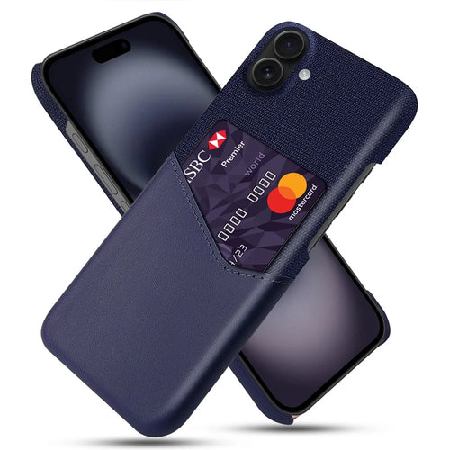 For iPhone 17 Case PU Leather Cloth Texture Hard PC Phone Cover with Card Holder - Blue - 1