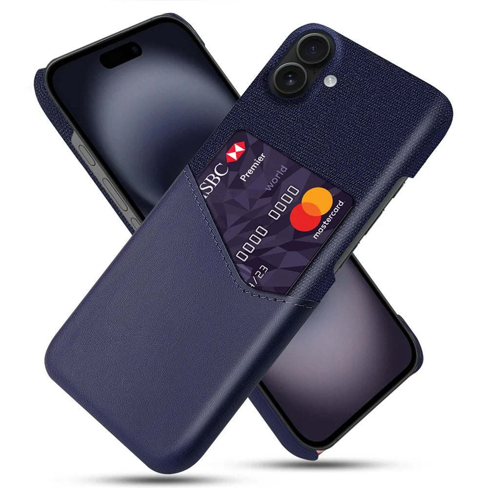 For iPhone 17 Case PU Leather Cloth Texture Hard PC Phone Cover with Card Holder - Blue - 1