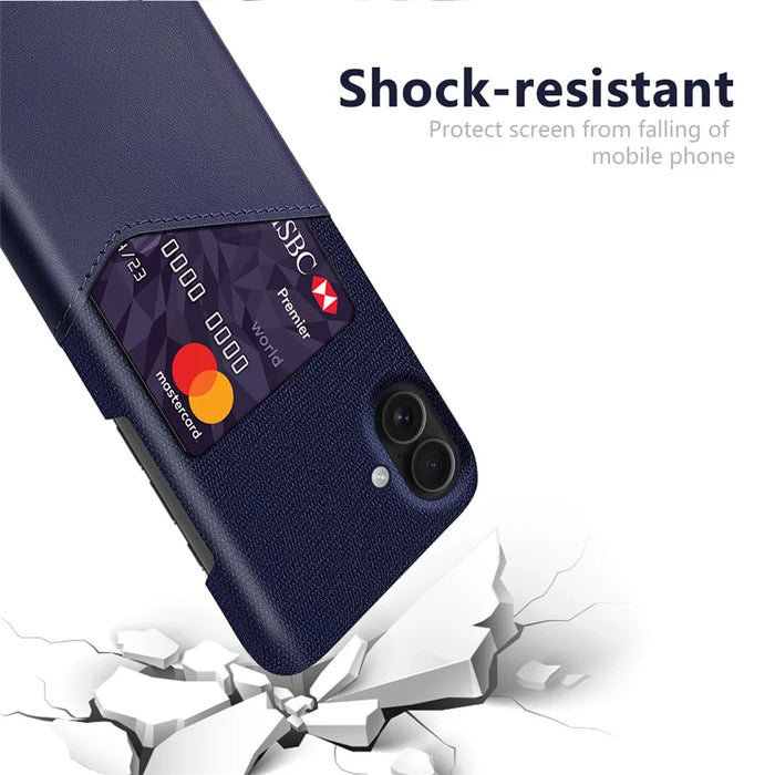 For iPhone 17 Case PU Leather Cloth Texture Hard PC Phone Cover with Card Holder - Blue - 2