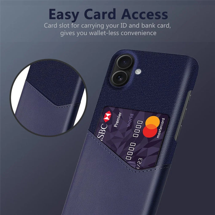 For iPhone 17 Case PU Leather Cloth Texture Hard PC Phone Cover with Card Holder - Blue - 3